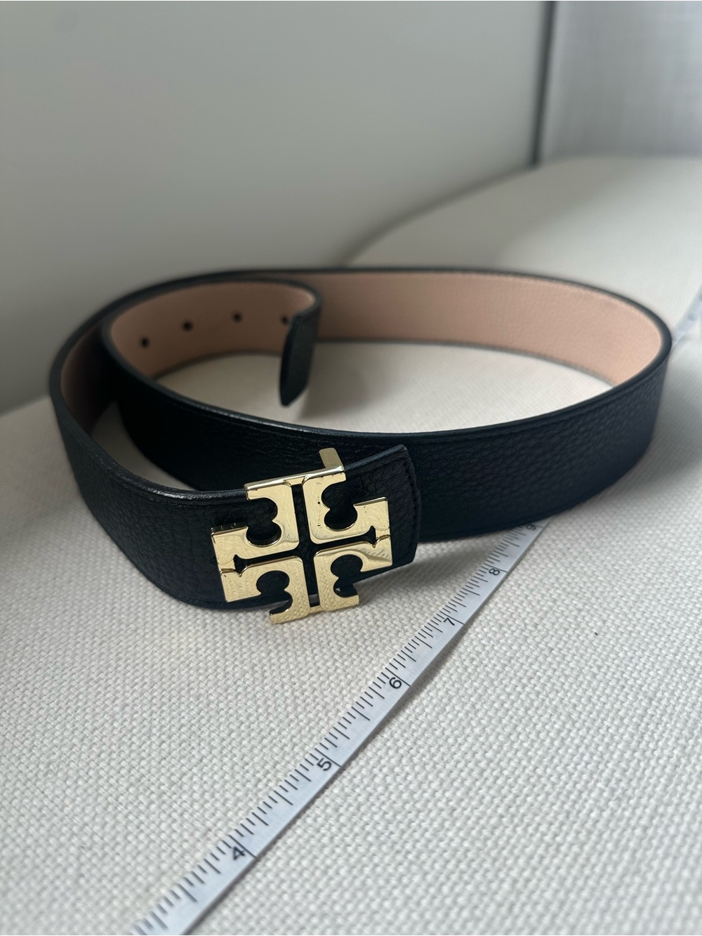 Tory Burch Black Leather Belt with Gold Logo Buckle